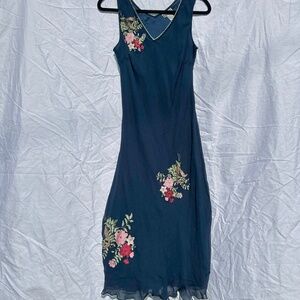 90s Inspired 100% Silk Navy Bias Cut Midi Dress with Embroidery Rose V Cut